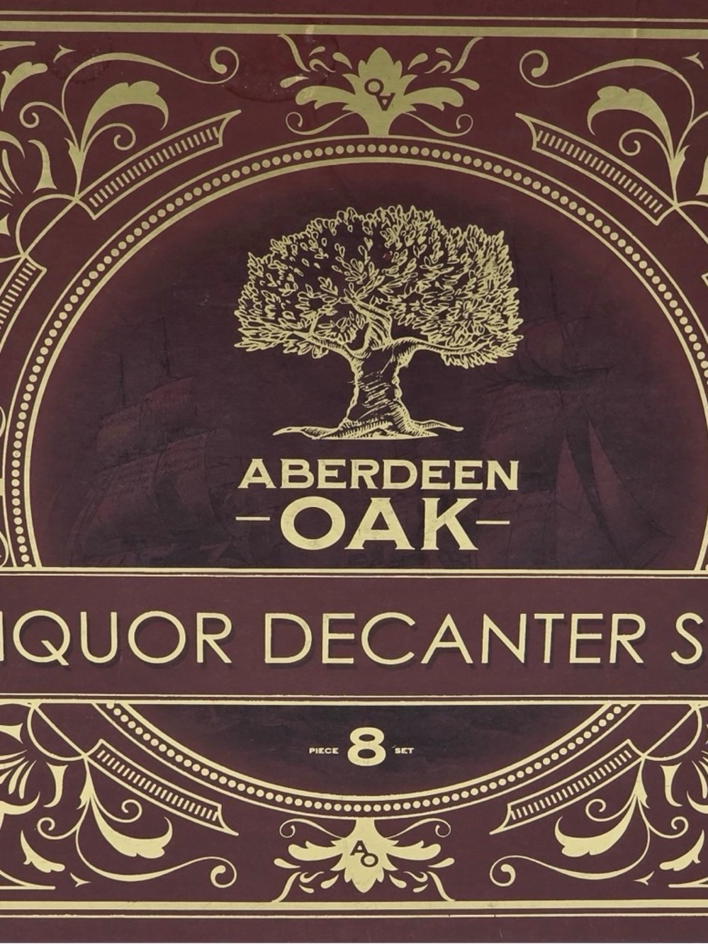 Aberdeen Oak Liquor Decanter Set - Gold on Burgundy